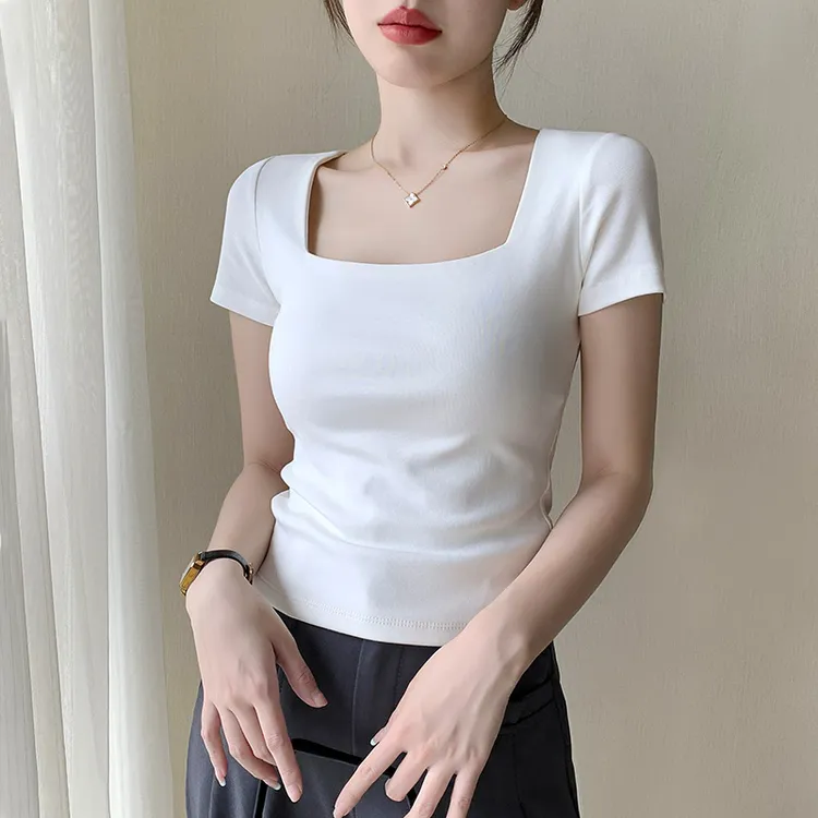 白色方领t恤女短袖夏季新款露锁骨修身正肩低领打底洋气减龄上衣t