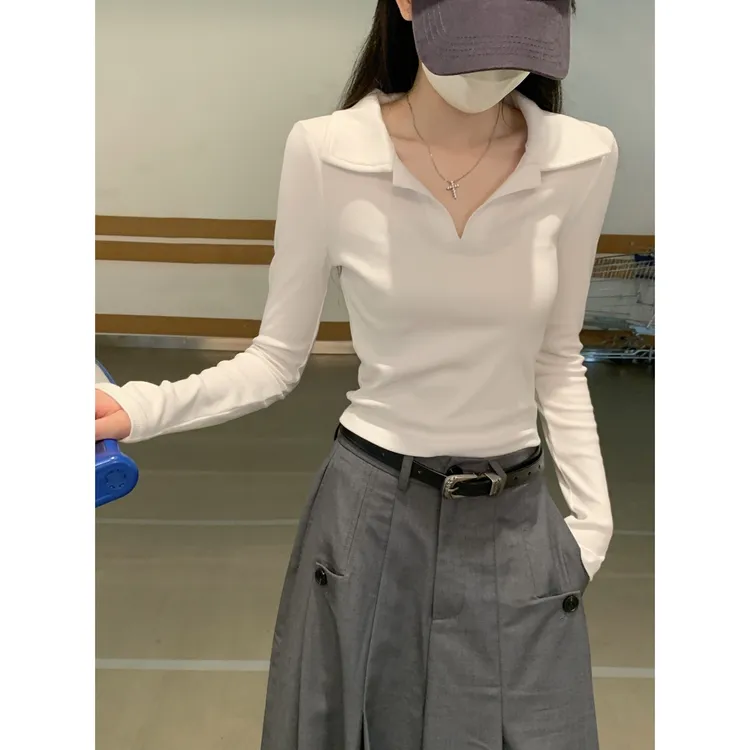 美式复古秋冬韩版气质修身白色polo领百搭长袖内搭T恤女短款上衣 