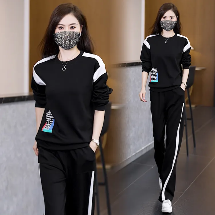 休闲套装2024秋季新款减龄时尚简约拼色印花圆领上衣阔腿裤两件套