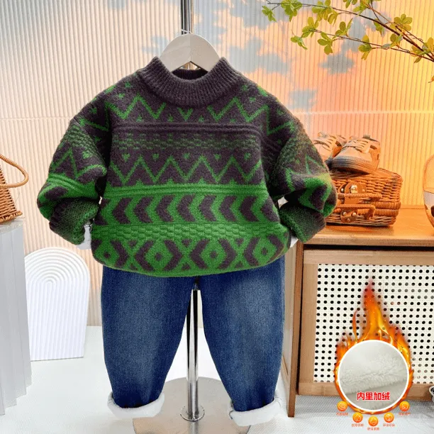 男童毛衣冬款2025新款男孩宝宝加绒冬季上衣儿童加绒针织打底衫