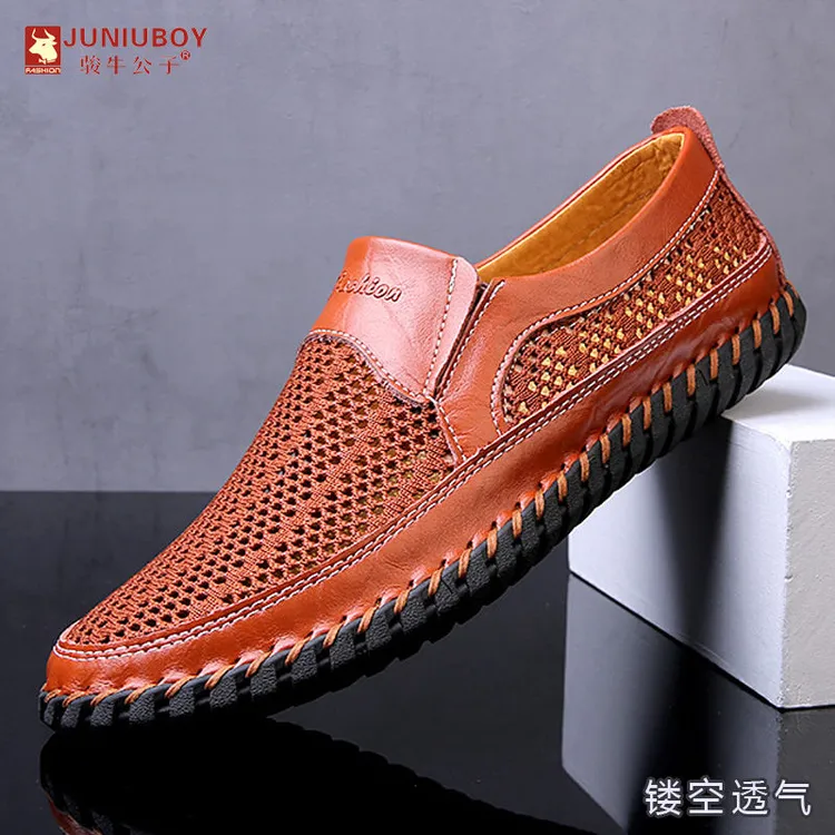 骏牛公子夏季真皮镂空皮鞋男皮凉鞋透气驾车鞋网面休闲鞋手工男鞋