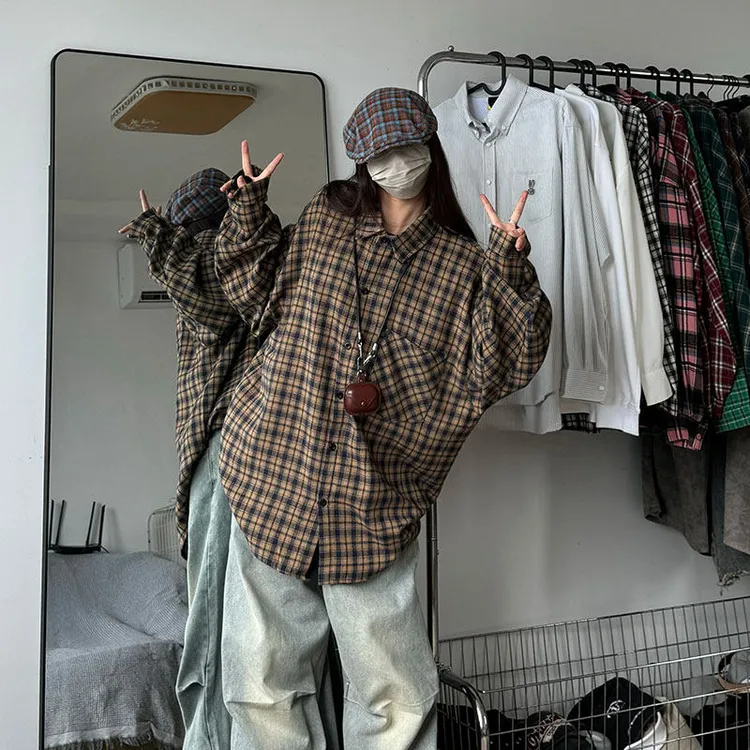 美拉德棕色格子衬衫男款潮流宽松翻领长袖衬衣vintage情侣款上衣