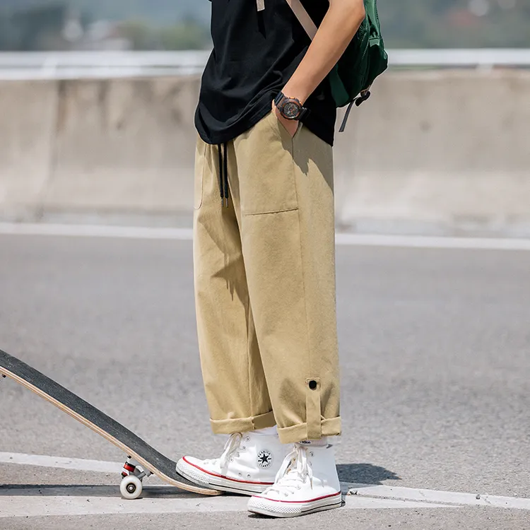 美式潮牌工装裤男四季卡其色直筒裤子潮流复古百搭阔腿九分休闲裤