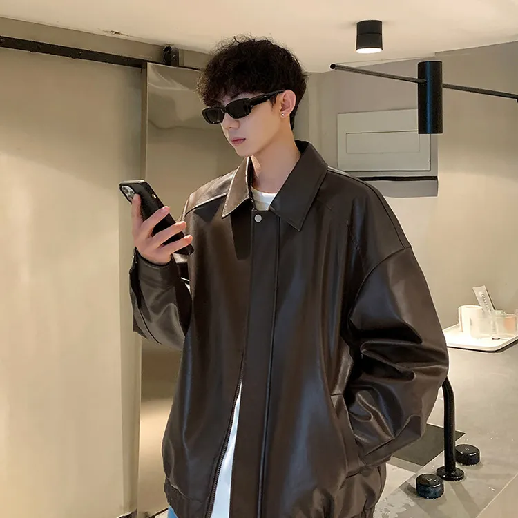 机车皮衣外套男高街美式复古潮牌痞帅百搭男款高级感翻领夹克上衣
