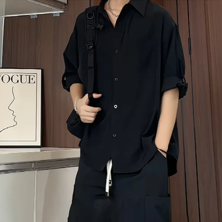 黑色衬衫七分袖夏季宽松高级垂感痞帅休闲冰丝短袖黑衬衣男士外套