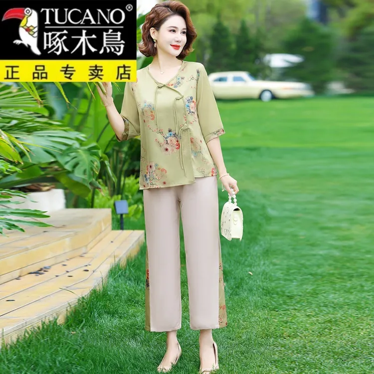 啄木鸟妈妈夏装洋气国风套装女2024新款中老年女装夏季新中式短袖