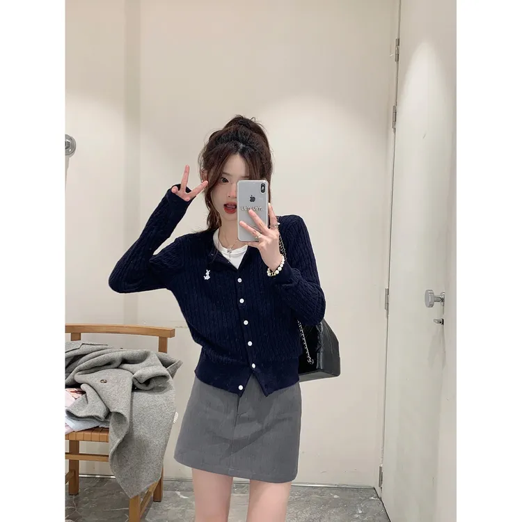 针织开衫2023女新款小香风设计感撞色翻春日调色盘 开衫短裙套装