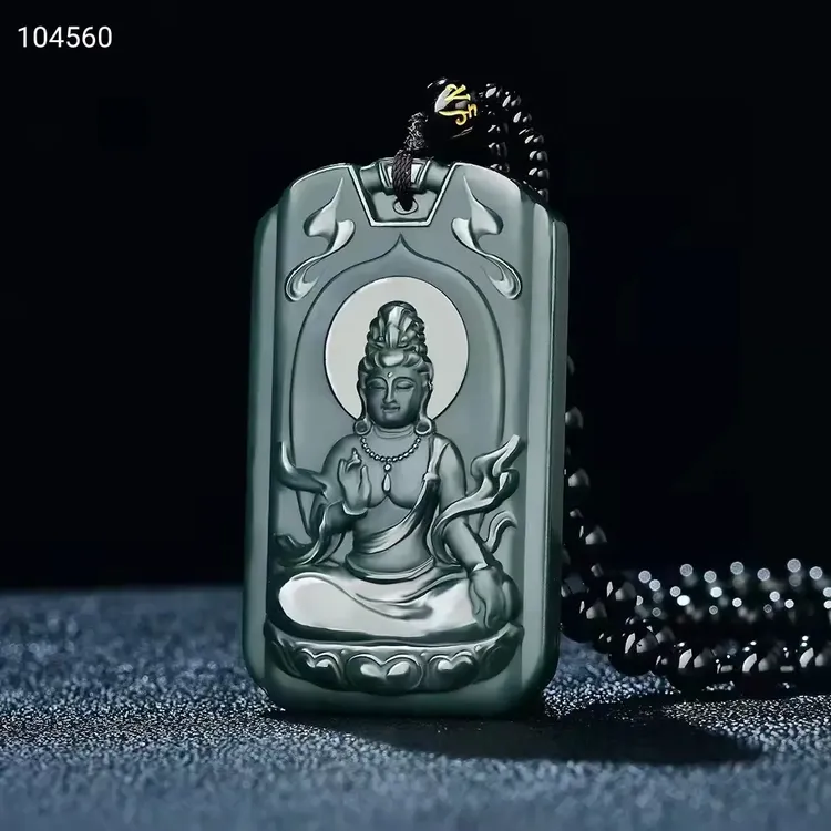 精品和田玉青玉坐莲观音普度众生挂件上等方牌玉牌项链菩萨吊坠