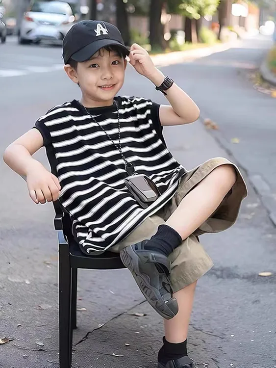 儿童套装男童短袖t恤无袖背心外穿2024夏季新款宝宝宽松裤子