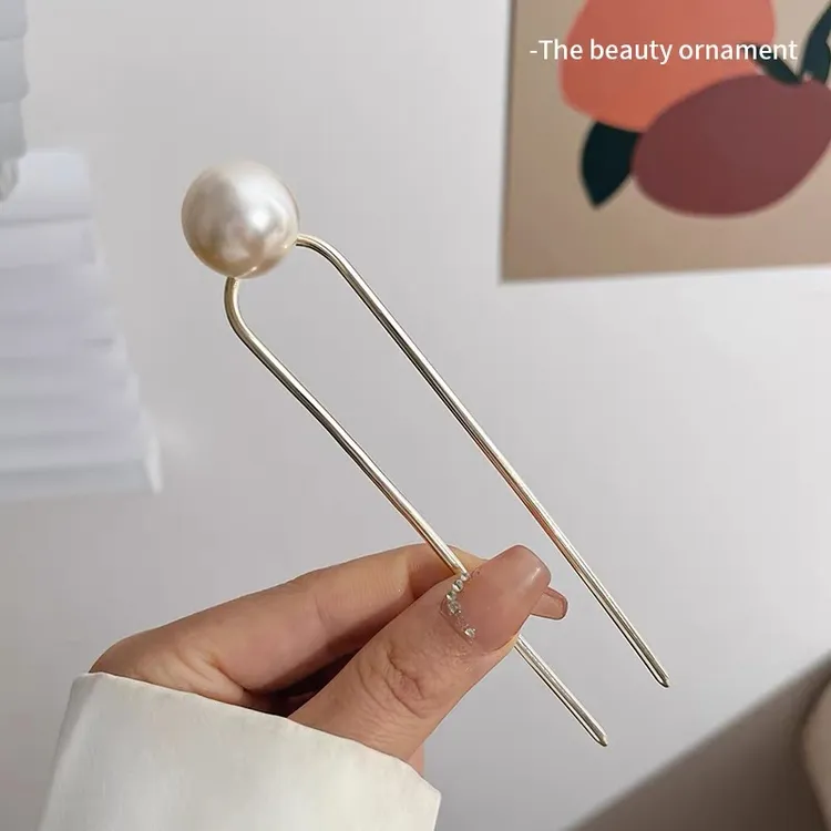 铜合金仿珍珠发饰 新中式发簪女珍珠U型发叉简约时尚丸子头盘发插