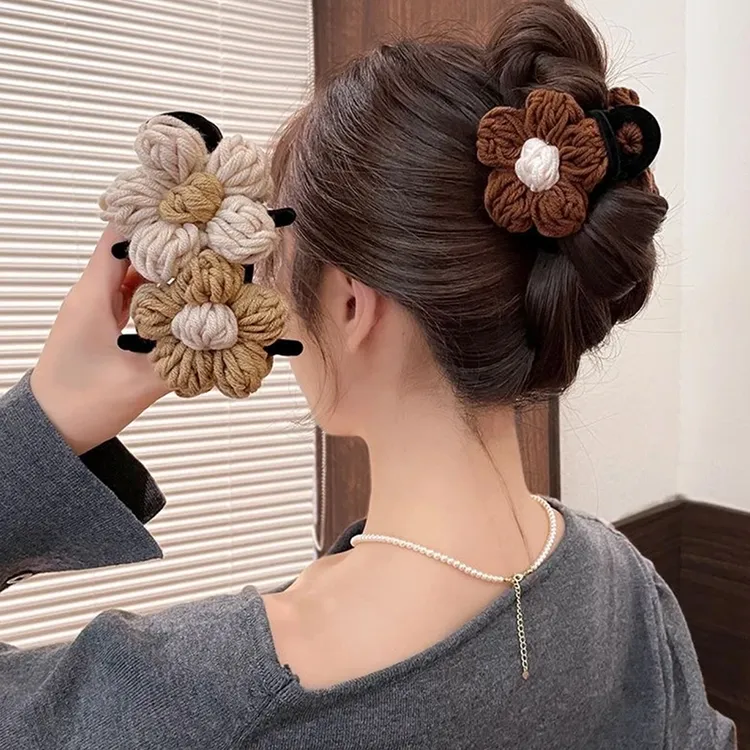 秋冬温柔毛线花朵丝绒抓夹中号鲨鱼夹马尾丸子头抓夹后脑勺全盘夹