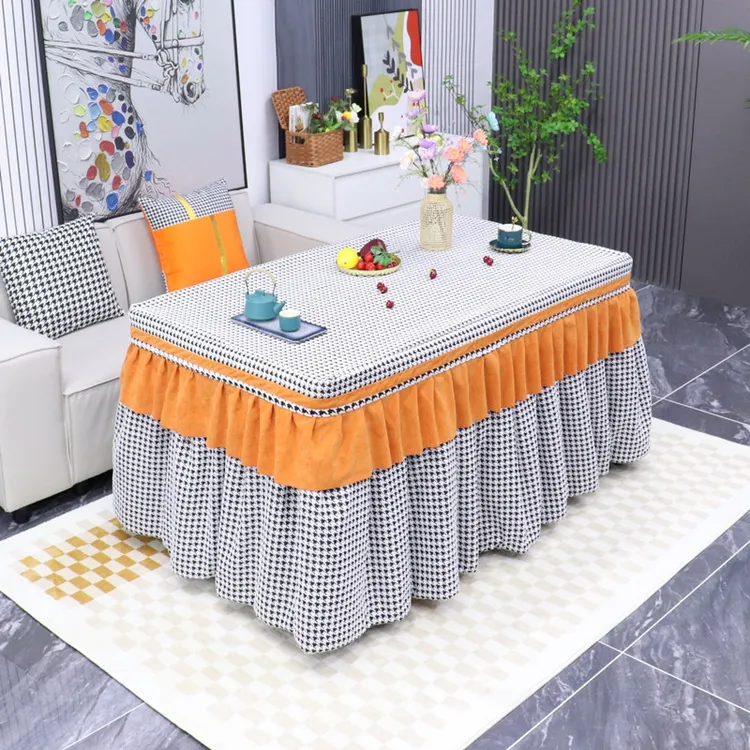 富一尺长方形千鸟格长方形烤火罩取暖桌升降电炉罩罩烤火桌布罩套