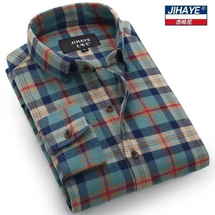 杰哈尼男士磨毛纯棉格子衬衫男长袖加厚休闲保暖外套法兰绒衬衫