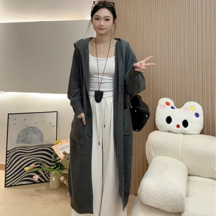 【口袋连帽】2025春新款连帽长毛衣开衫中长款针织衫百搭慵懒风