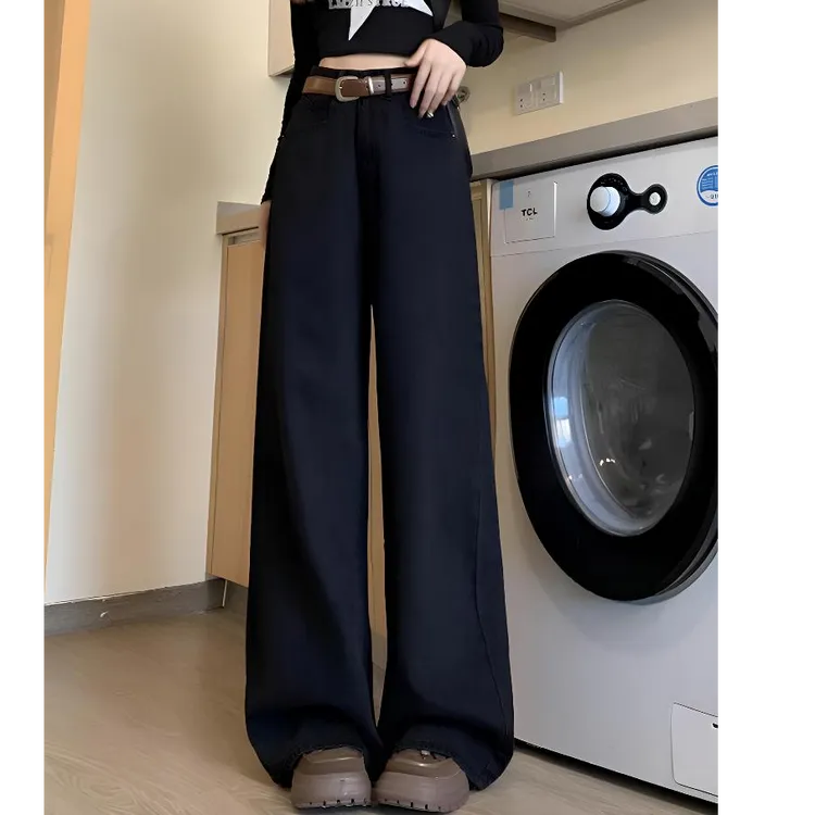 大码黑色阔腿牛仔裤女秋冬新款宽松高腰直筒百搭显瘦垂感拖地裤子