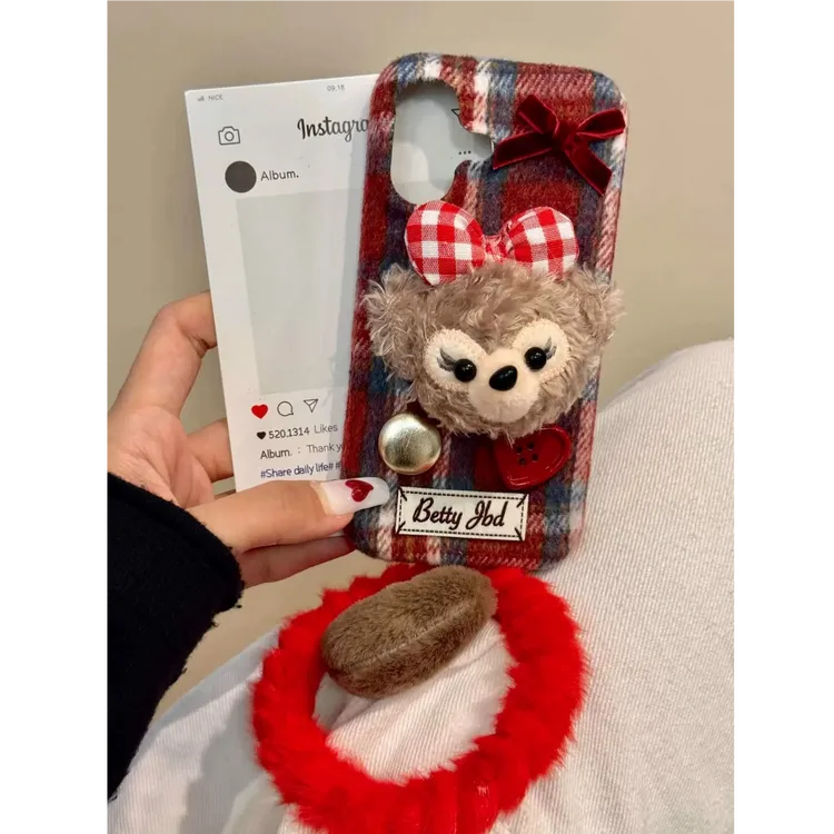 红格纹雪莉玫猫咪适用苹果16promax手机壳iPhone15新款14好看高级