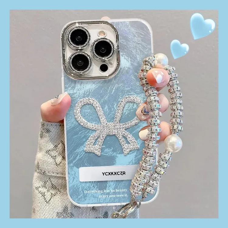 【自带镜头膜】适用苹果16promax手机壳冰蓝渐变蝴蝶结冰川纹彩绘