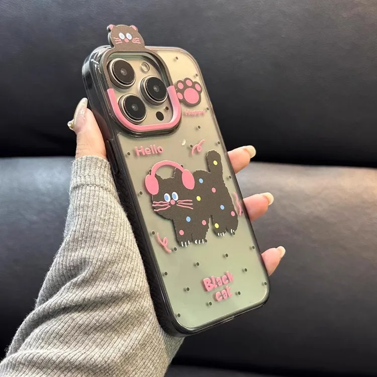 ins韩系卡通耳机黑猫适用苹果16promax手机壳15pro可爱1417promax