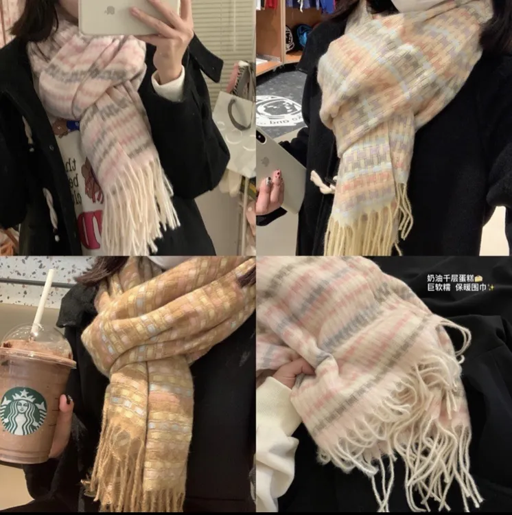 奶油复古撞色秋冬新款围脖围巾ins网红同款