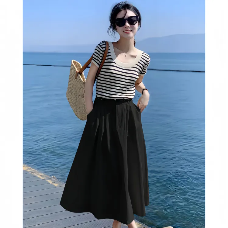 休闲半身裙2025年夏季显瘦高腰小个子裙子搭配简约条纹针织上衣女