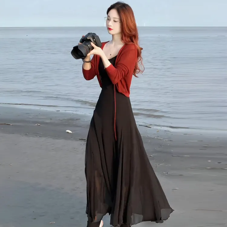 女士夏季连衣裙时尚套装裙轻薄针织开衫吊带裙洋气长裙外披两件套