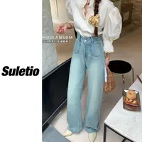 7097#DIMO双口袋阔腿牛仔裤女高腰宽松显瘦直筒拖地长裤小个子