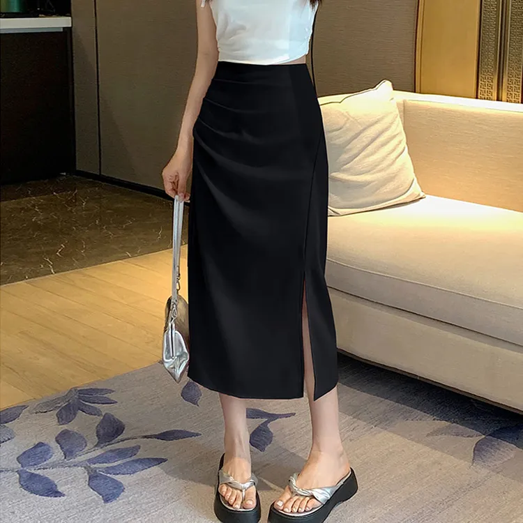 半身裙中长款2025新款气质高腰显瘦百搭褶皱开叉西装裙子
