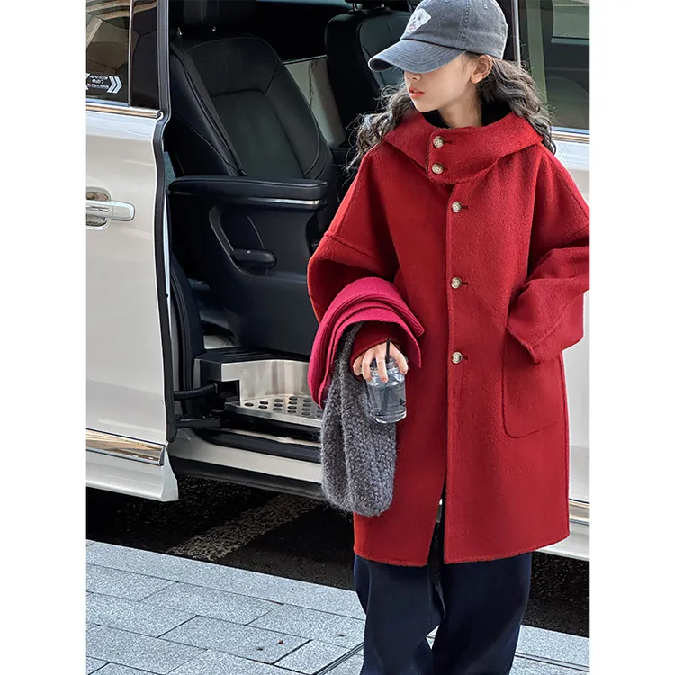 K27846双面穿大衣女童毛呢外套洋气冬装2024新款儿童红色年装时髦