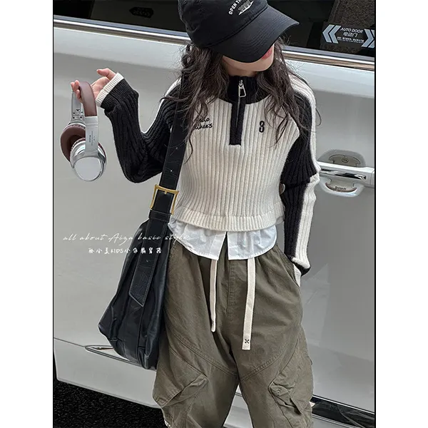 k24770韩国童装女童短款毛衣秋冬装新款儿童polo领打底衫加厚上衣