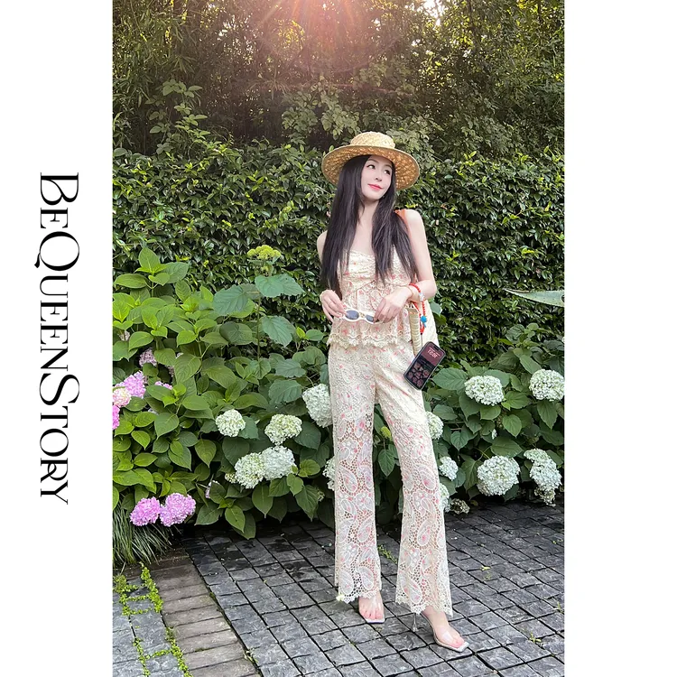 余潇潇 【浪漫映绘】设计感镂空绣花收腰吊带&微喇长裤套装