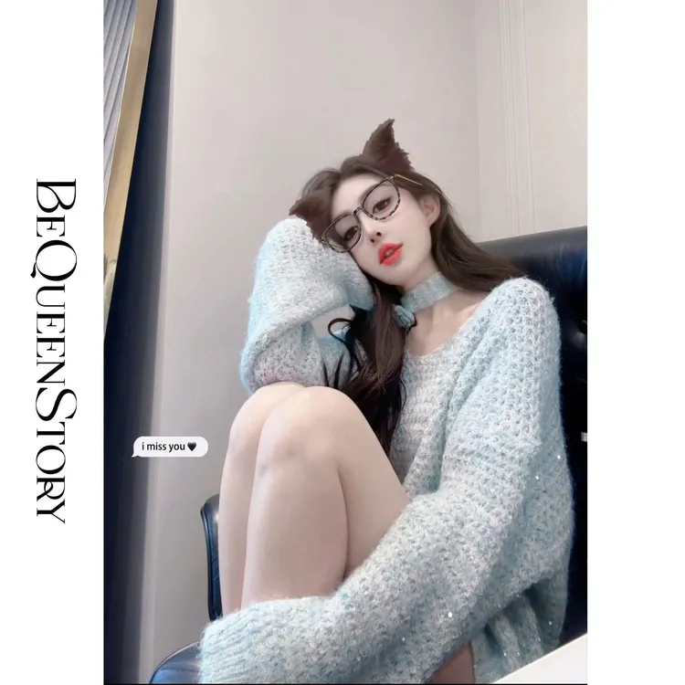 余潇潇【日彩虹糖】时尚定制珠片花纱落肩V领毛衣含羊毛