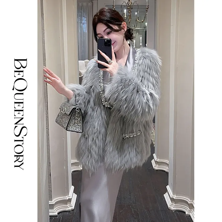 余潇潇【静奢晚宴】手工亮片织带拼接醋酸高级感翻领皮草外套