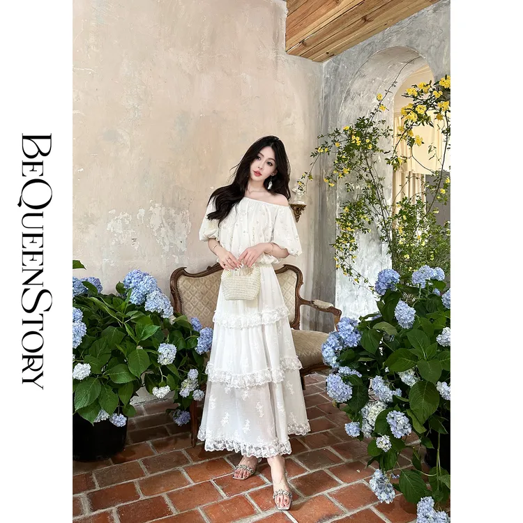 余潇潇【白瓷蔷薇】气质珍珠装饰一字肩短上衣&伞摆长半裙