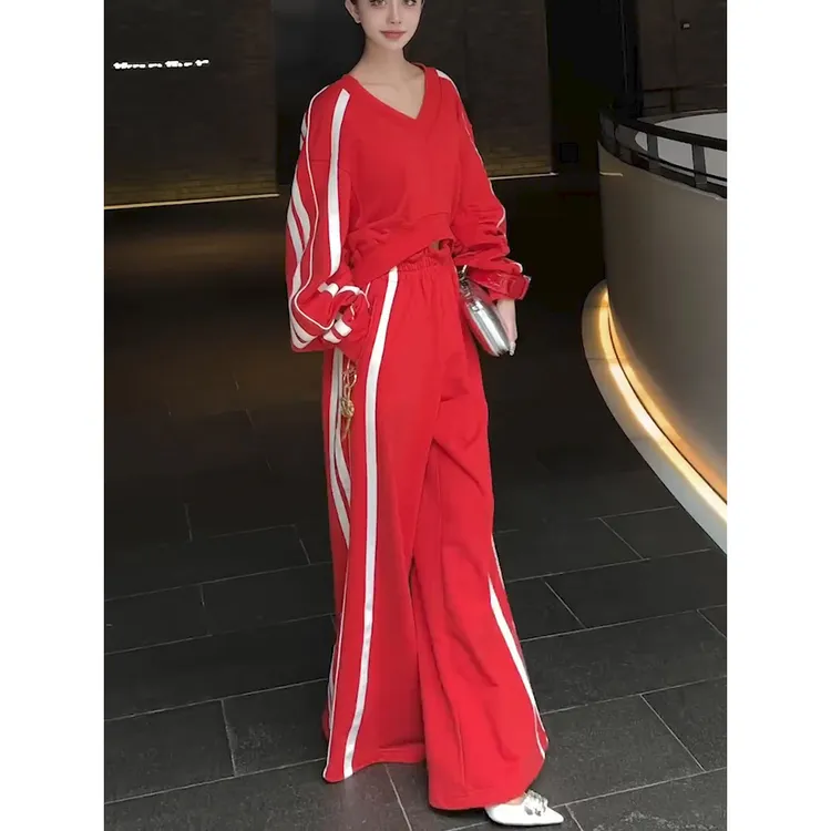 欧货休闲运动套装女秋冬季网红炸街显瘦红色套头卫衣阔腿裤两件套