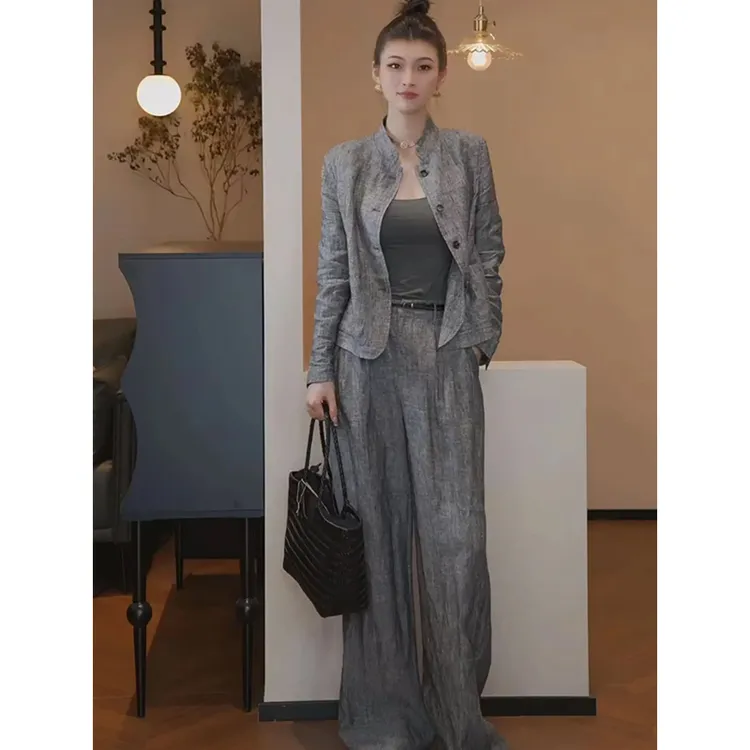 法式亚麻衬衫套装女秋季高级感轻奢洋气漂亮灰色衬衣阔腿裤两件套