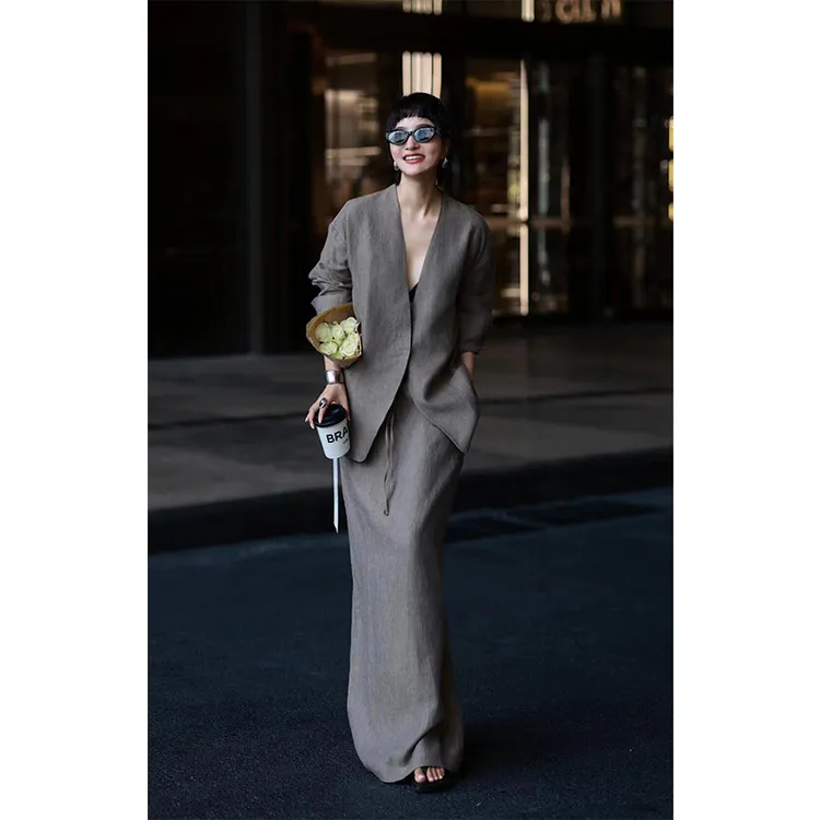 老钱风轻奢时尚通勤职业套装女秋季高端气质亚麻开衫半身裙两件套
