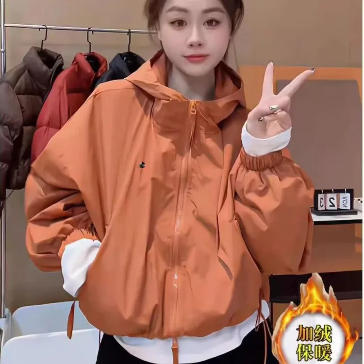 【夹棉加厚】2025款连帽拉链短款加厚保暖下摆抽绳长袖冲锋衣外套