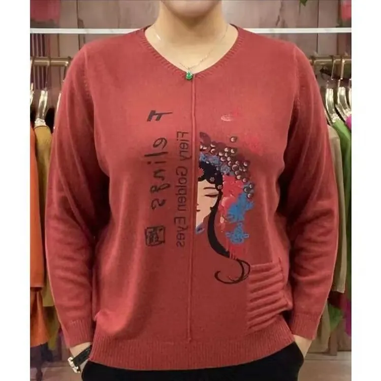 宽松印花V领妈妈装中老年打底衫洋气大码针织衫上衣