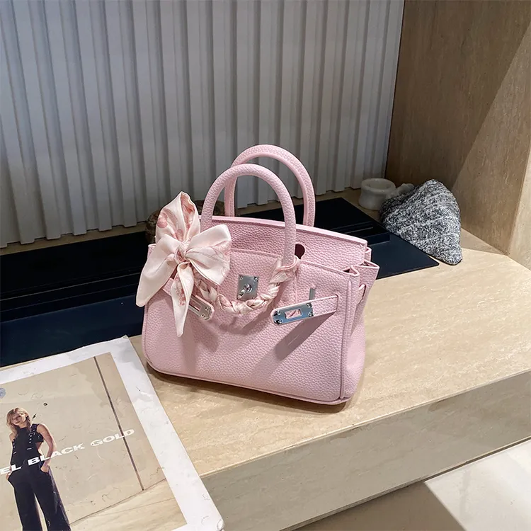 真皮铂金包迷你手提包小包包女2025新款夏季斜挎包荔枝纹女包银扣