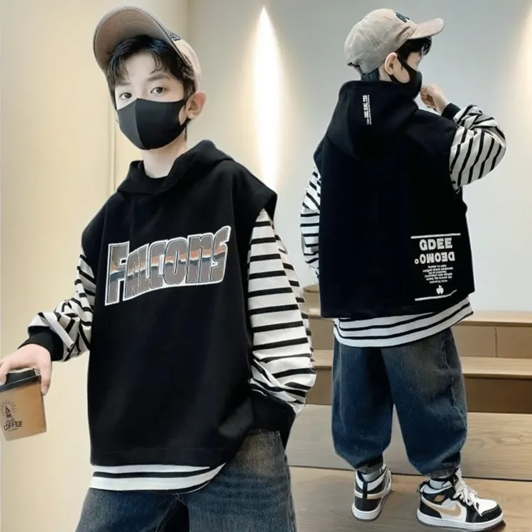 马甲加条纹打底两件套中大童连帽款男孩春秋款百搭休闲真两件