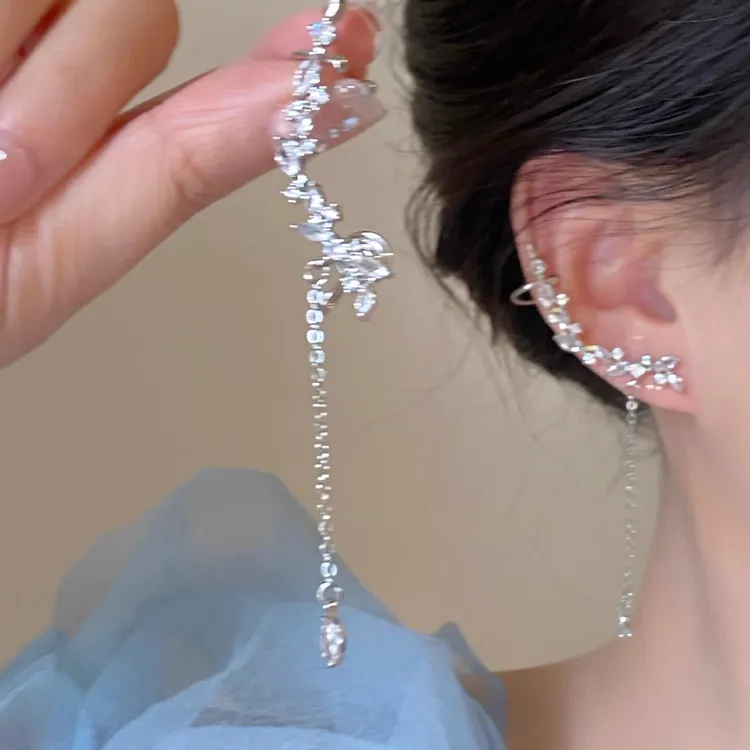 铜合金耳饰 【冰翎】仙气森系超仙精灵耳耳钉耳夹一体水滴长款耳饰