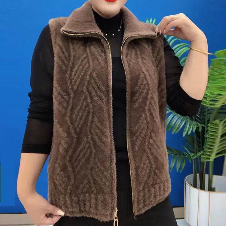 秋冬新款针织开衫马甲外套女洋气中老年妈妈装水貂绒短款马夹上衣