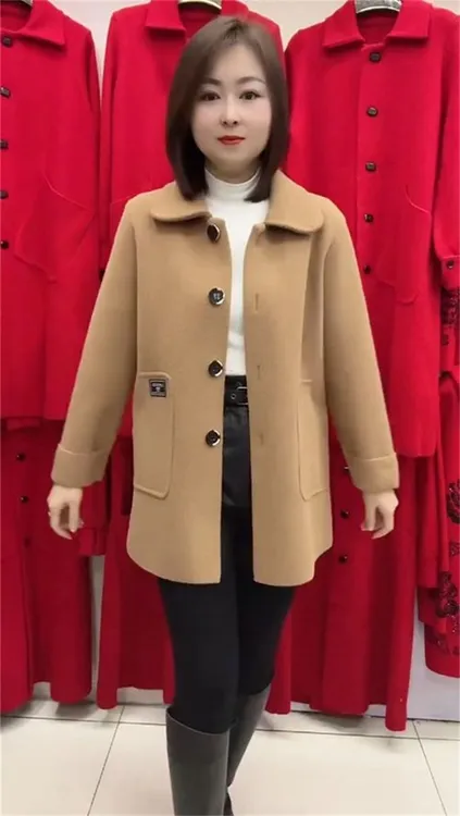 新款双面绒秋冬中年妈妈装女高档中长款宽松开衫外套仿毛呢厚大衣