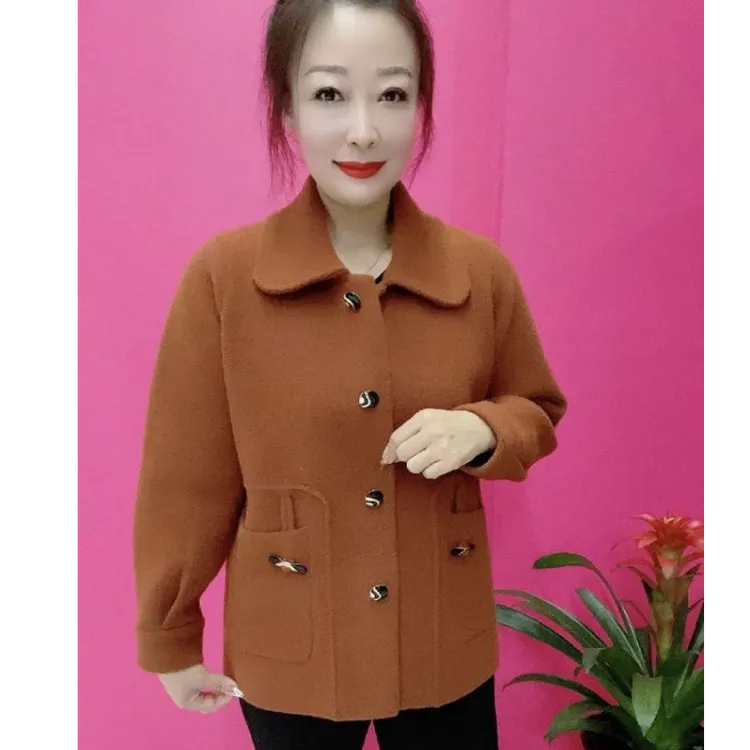中老年妈妈装双面绒女装领扣百搭外套毛呢纯色秋冬常规开衫呢子