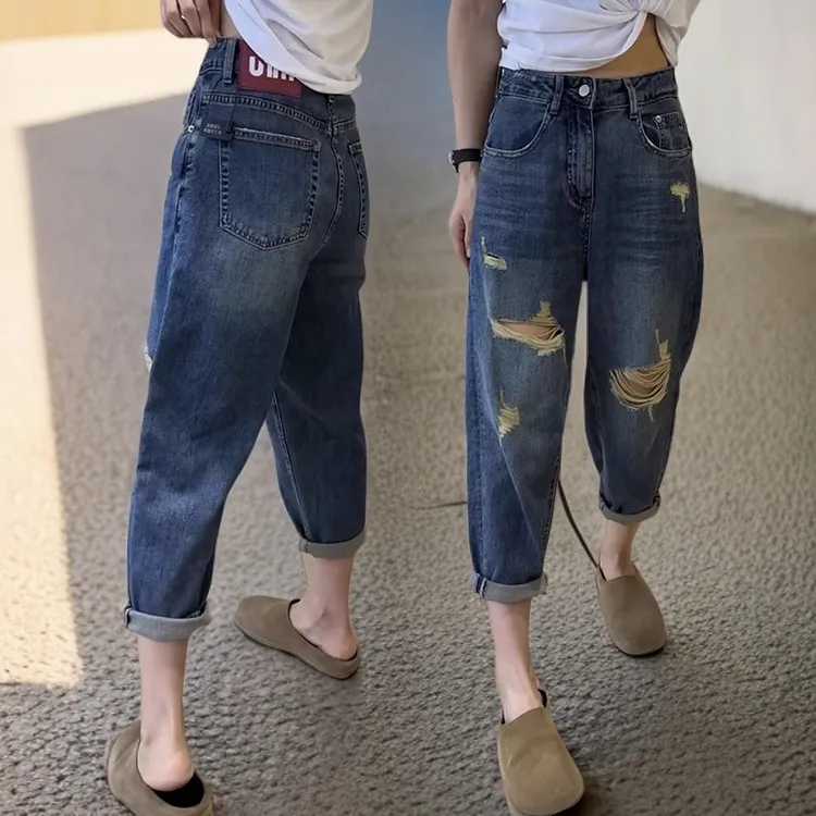 梨形身材微胖穿搭大码女装破洞牛仔裤宽松显瘦九分洋气哈伦老爹裤