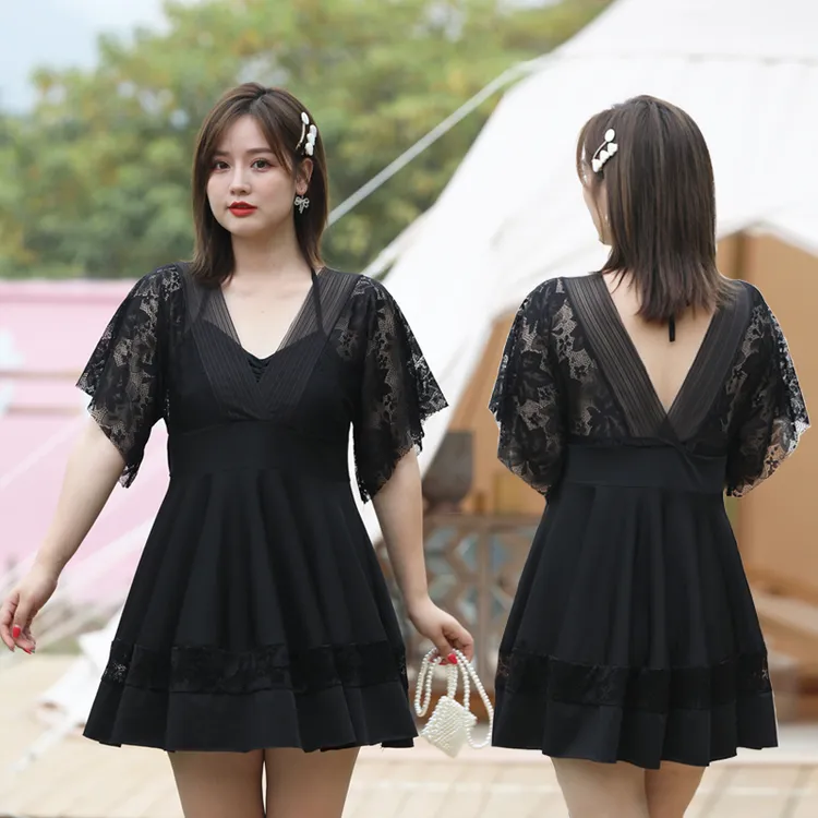韩国性感蕾丝大码泳衣女裙式大胸聚拢显瘦保守遮肉加肥妈妈泳装
