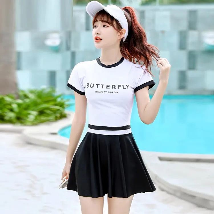 韩国泳衣女保守裙式连体长裙式遮肉少女显瘦收腰泳装运动上课平角
