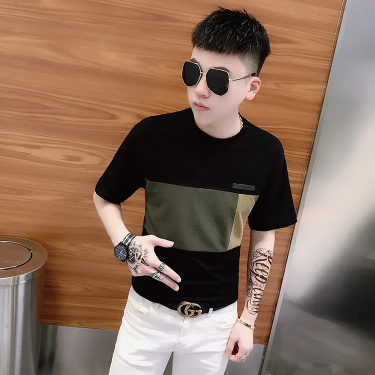 短袖T恤男士夏季潮流男装2024新款半袖上衣拼色修身圆领体恤衫潮
