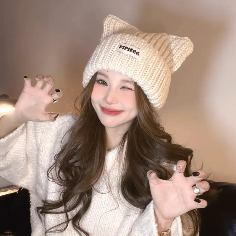 可爱猫耳朵毛线帽子女新款秋冬保暖大头围护耳针织帽可爱套头帽