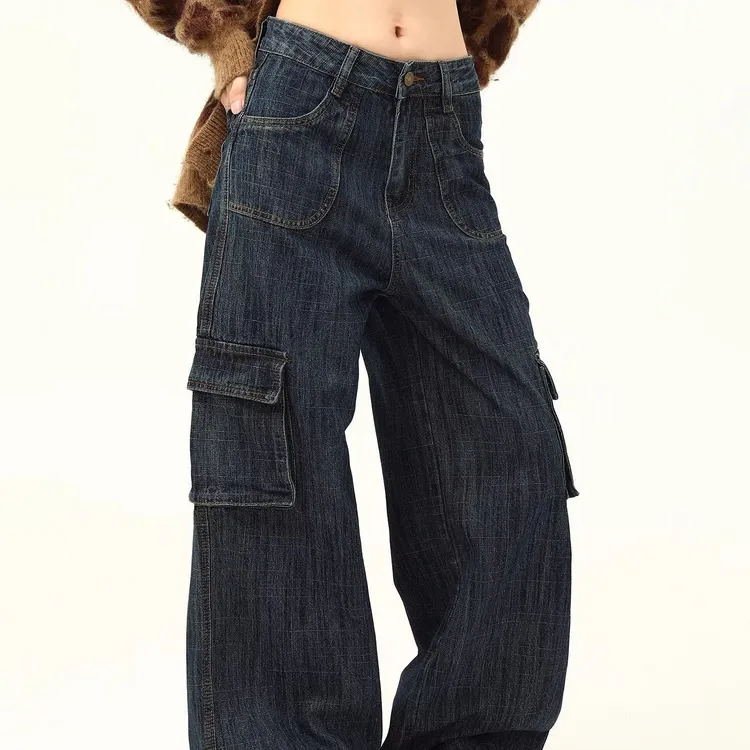 深蓝色工装牛仔裤男女宽松美式复古休闲水洗做旧直筒阔腿裤子潮